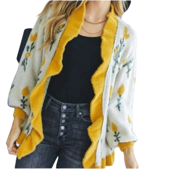 Piper & Scoot Sweaters - Piper & Scoot Cardigan Yellow Floral Ruffle Women's 2X